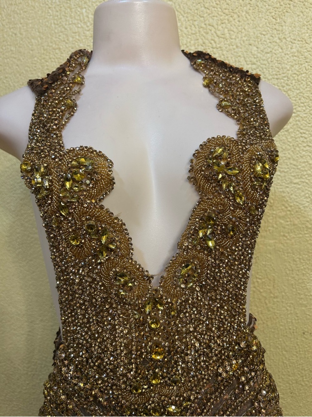 Backless Brown Sequin Evening Gown with Gold Embellishment - Picture 3 of 15